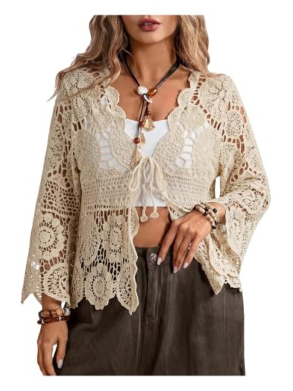 Women's Plus Size Lace Crochet Cardigan Hollow Out Tie Front Boho